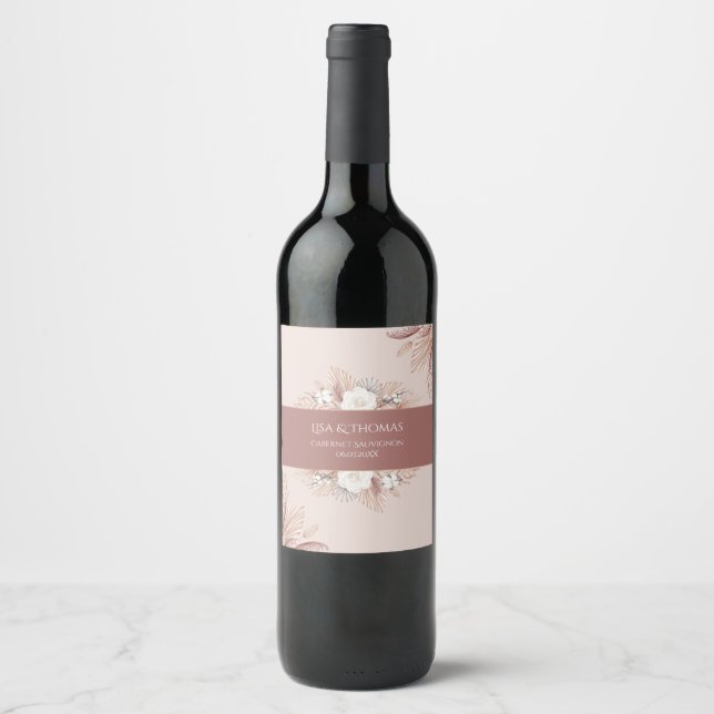 Rótulo da garrafa de vinho de Casamento Boho Pampa (Frente)