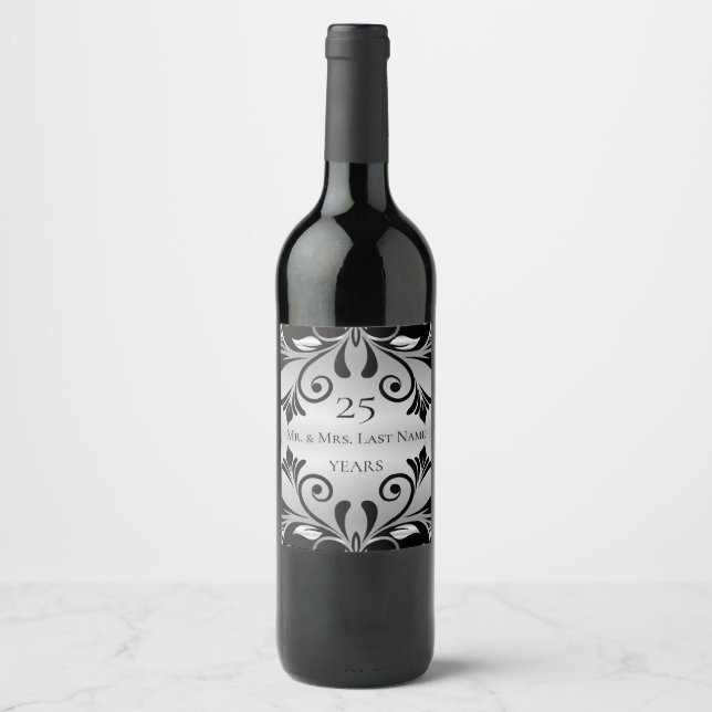Rótulo da garrafa de vinho - Floreio Preto e Prate (Frente)