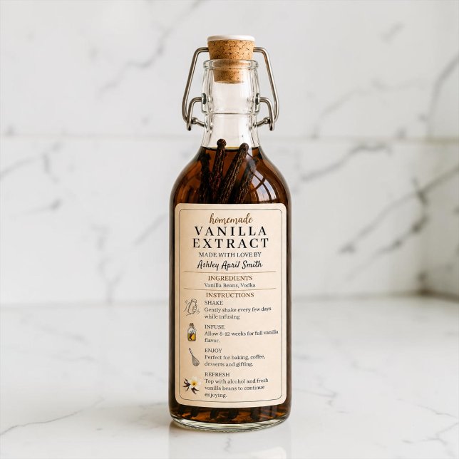 Rótulo de Adesivo para Garrafa de Extrato de Bauni (Personalized homemade vanilla extract bottle label)