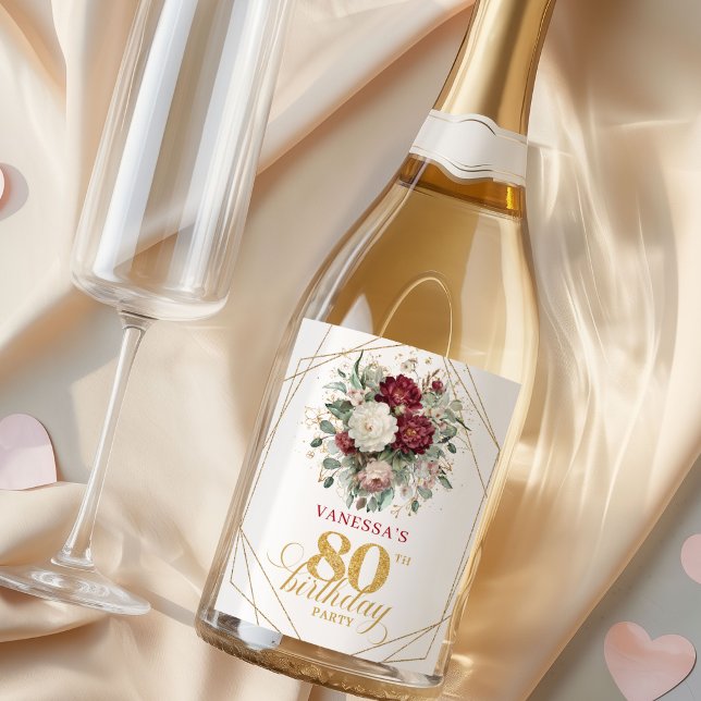 Rótulo de Champanhe Floral Blush Borgonha 80º Aniv (Floral Blush Burgundy 80th Birthday Champagne Labels)