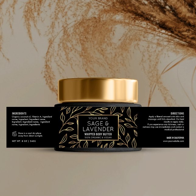 Rótulo de Encerramento de Jar Cosmético Preto e Do (Elegant black and gold floral cosmetic jar wraparound label design with faux gold effects)