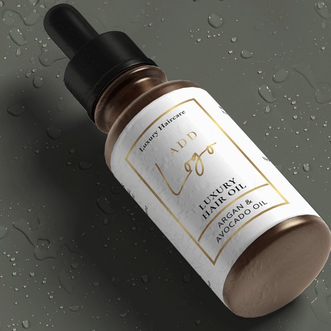 Rótulo de Frasco Estropador de 2 OZ branco e Doura (Elegant white and gold effect waterproof product labels for 2 OZ cosmetic bottles *verify size*)