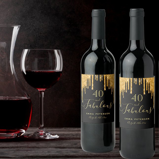 Rótulo De Garrafa De Cerveja 40 fabulous birthday black gold glitter sparkle (Criador carregado)
