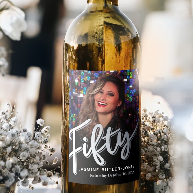 Rótulo De Garrafa De Cerveja 50ª foto festa de aniversário preta prateada (Criador carregado)