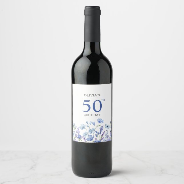 Rótulo De Garrafa De Cerveja 50º Aniversário Azul Floral (Frente)