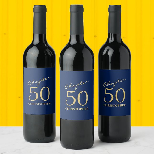 Rótulo De Garrafa De Cerveja 50º Aniversário Capítulo 50 Azul Dourado (Personalized 50th birthday wine bottle labels in blue and gold)