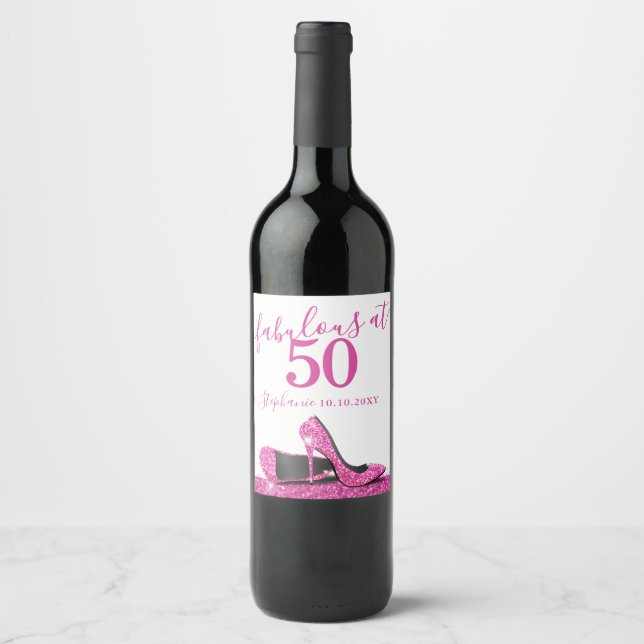 Rótulo De Garrafa De Cerveja 50 e Fabuloso calcanhar-de-rosa Aniversário Vinho  (Frente)