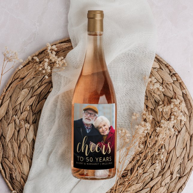 Rótulo De Garrafa De Cerveja 50th Anniversary Party Photo Cheers Gold Script (Criador carregado)