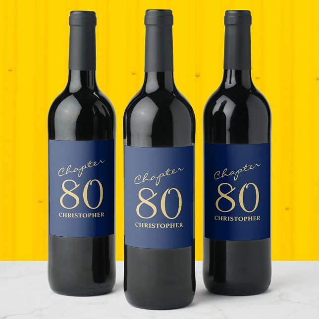 Rótulo De Garrafa De Cerveja 80 Aniversário Capítulo 80 Azul Dourado (Personalized 80th Birthday wine bottle labels to make that  party special.)
