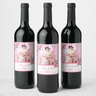 Rótulo De Garrafa De Cerveja 80 de aniversário listras brancas cor-de-rosa lis