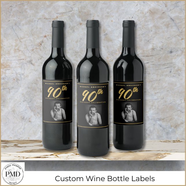 Rótulo De Garrafa De Cerveja 90 Birthday Elegant Fotografia Elegante Black Dour (90th Birthday Elegant Photo Black and Gold Wine Bottle Label with Faux Gold Leaf, Name, Photo.)