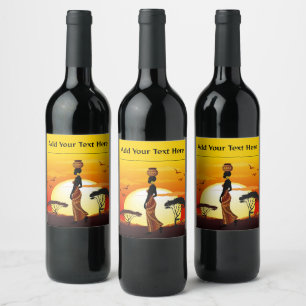 Rótulo De Garrafa De Cerveja A linda mulher africana Silhouette sobre os sóis a