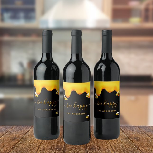Rótulo De Garrafa De Cerveja Abeja negra abelhas felizes mel doce monograma (Criador carregado)