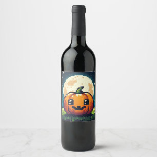 Rótulo De Garrafa De Cerveja Abóbora de Halloween de 8 bits sob a lua