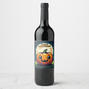 Rótulo De Garrafa De Cerveja Abóbora de Halloween de 8 bits sob a lua