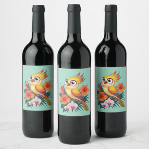 Rótulo De Garrafa De Cerveja Adorável Pássaros Amarelos com flores