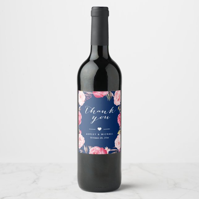 Rótulo De Garrafa De Cerveja Agradecimento Floral Rosa Azul Marinho Romântico (Frente)