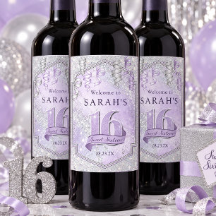Rótulo De Garrafa De Cerveja Água Colorida Espelhada Sweet 16 Violeta Prata ID1