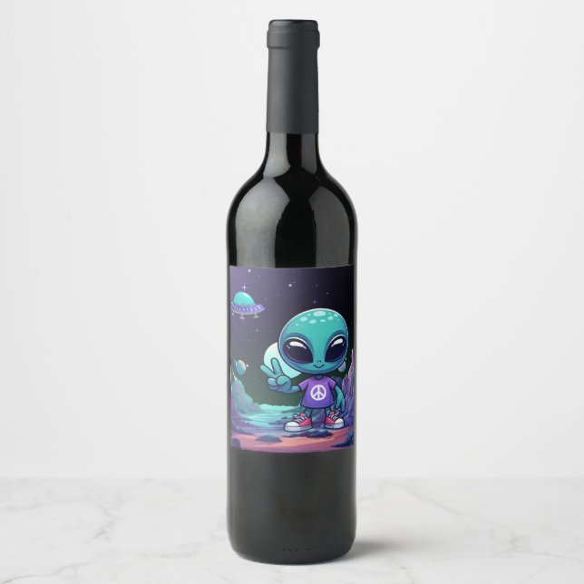 Rótulo De Garrafa De Cerveja Alienígena de paz e nave espacial (Frente)