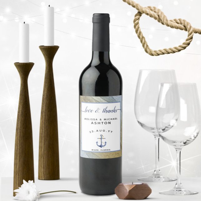 Rótulo De Garrafa De Cerveja Ângulo Náutico Azul e Dourado (Nautical Love & Thanks Personalized Nautical Wedding Wine Labels with Textured Blue & Gold Border)