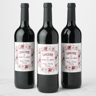 Rótulo De Garrafa De Cerveja Aniversário de 100 anos Personalizado Floral Burgu