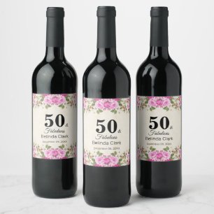 Rótulo De Garrafa De Cerveja Aniversário de 50 anos com Flores em Bege de Vinho