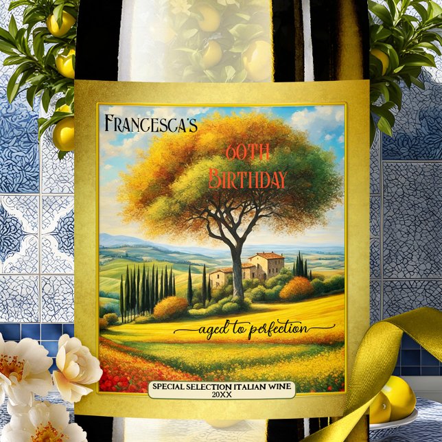 Rótulo De Garrafa De Cerveja Aniversário do Verão de Belas Artes Italiano (Colorful summer or fall birthday wine label featuring a fine art painting of Tuscany, Italy)