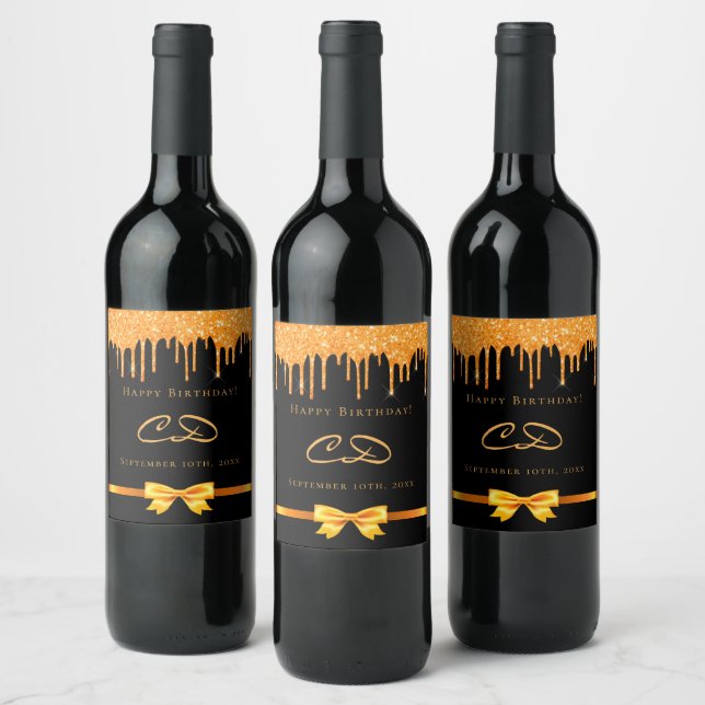 Rótulo De Garrafa De Cerveja Anuais de monograma de dourado preto de aniversári (Garrafas)