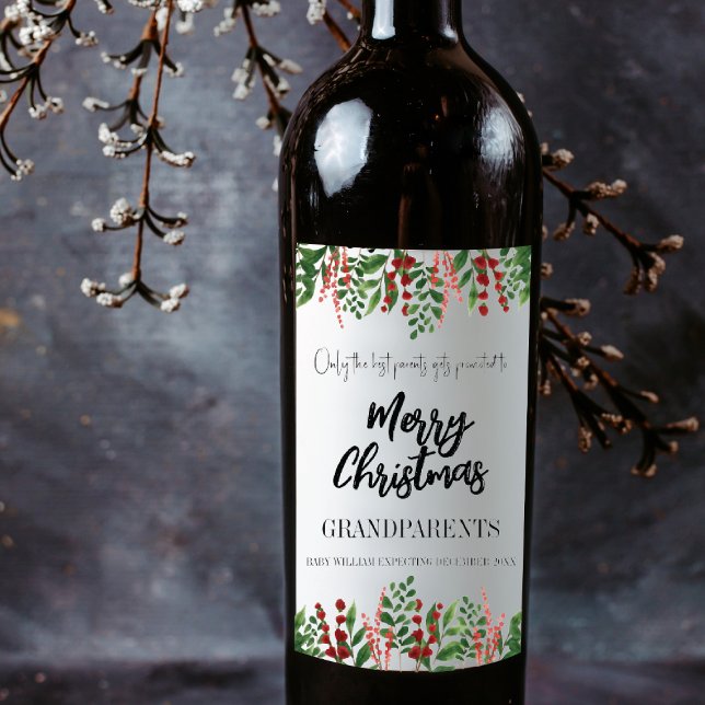 Rótulo De Garrafa De Cerveja Anunciação da Gravidez de Natal Avô (Christmas Pregnancy Baby Announcement Grandparent Wine Label)