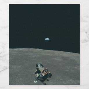 Rótulo De Garrafa De Cerveja Apollo Lunar Lander e Earthrise sobre Lua