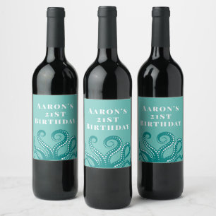 Rótulo De Garrafa De Cerveja Aqua e Octopus Branco Tentáculos Personalizados