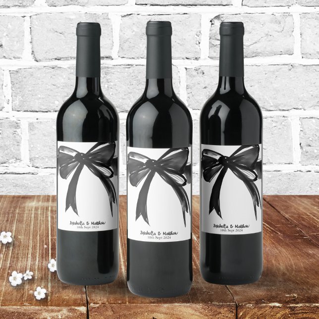 Rótulo De Garrafa De Cerveja Arco de Aquarela Moderna Preta e Branca (Black White Modern Huge ribbon Bow Wedding bar  Liquor wine Bottle Label decoration drink trendy )
