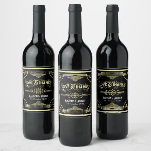 Rótulo De Garrafa De Cerveja Art Deco Casamento Amor e Obrigados Dourado Preto
