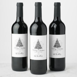 Rótulo De Garrafa De Cerveja Árvore de Natal Chic Elegante Preto Branco Script