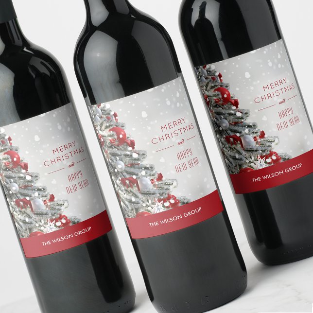 Rótulo De Garrafa De Cerveja Árvore de Natal Elegante Presente de Negócios (Elegant red and white Christmas tree on business gift wine bottle labels)