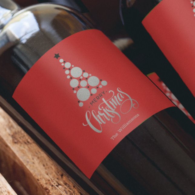 Rótulo De Garrafa De Cerveja Árvore de Natal Prateada Moderna sobre Vermelho (Criador carregado)