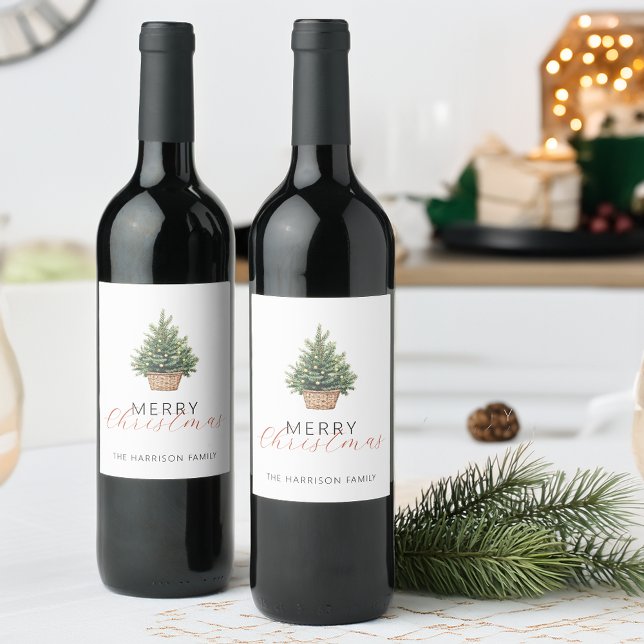Rótulo De Garrafa De Cerveja Árvore de Natal Rústica em Cesta (Rustic Christmas Tree In Basket Wine Label)