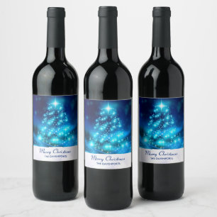 Rótulo De Garrafa De Cerveja Árvore Legal de Natal Azul com Luzes Espumantes