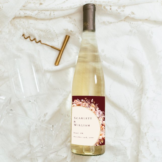 Rótulo De Garrafa De Cerveja Autumn Floral Burgundy Cream Wedding (Criador carregado)