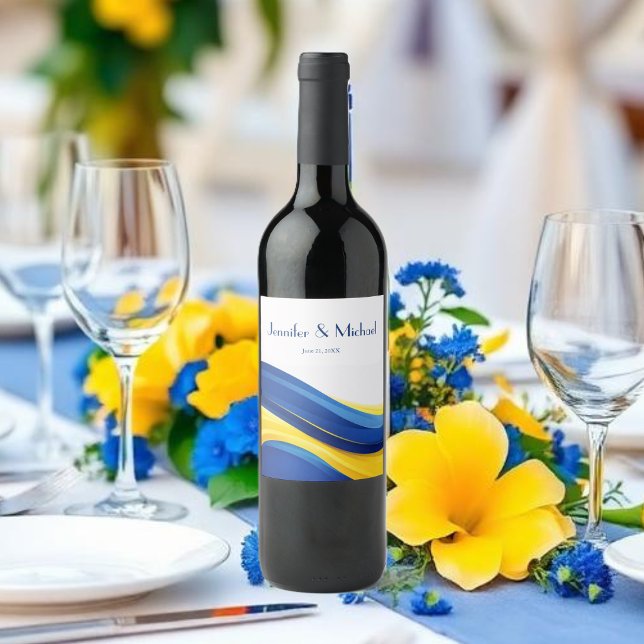 Rótulo De Garrafa De Cerveja Azul Cobalto e Amarelo Limão Casamento Moderno (Cobalt Blue and Lemon Yellow Modern Wedding Wine Label )