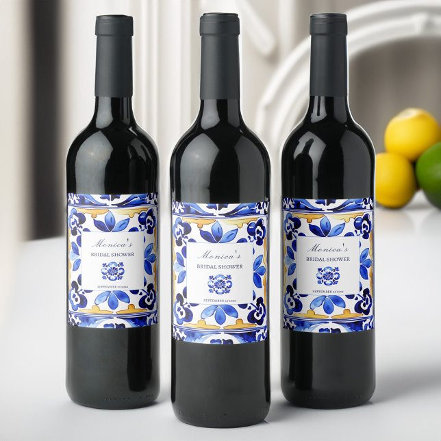 Rótulo De Garrafa De Cerveja Azulejos azuis italianos Amalfi (Amalfi Vietri Italian blue tiles bridal shower personalized Wine Label bridal shower tableware)