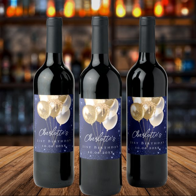 Rótulo De Garrafa De Cerveja Balões de ouro azul-marinho de aniversário (Criador carregado)