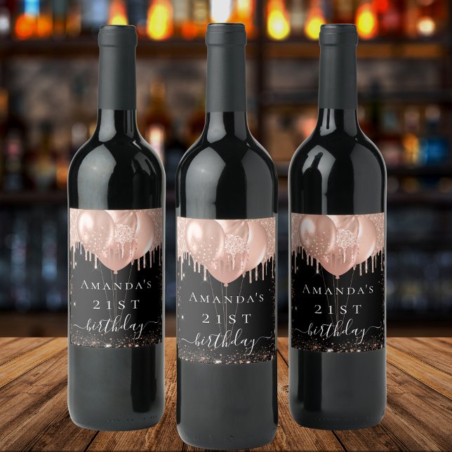 Rótulo De Garrafa De Cerveja Balões festa de aniversário preto-rosa-ouro-relâmp (Criador carregado)
