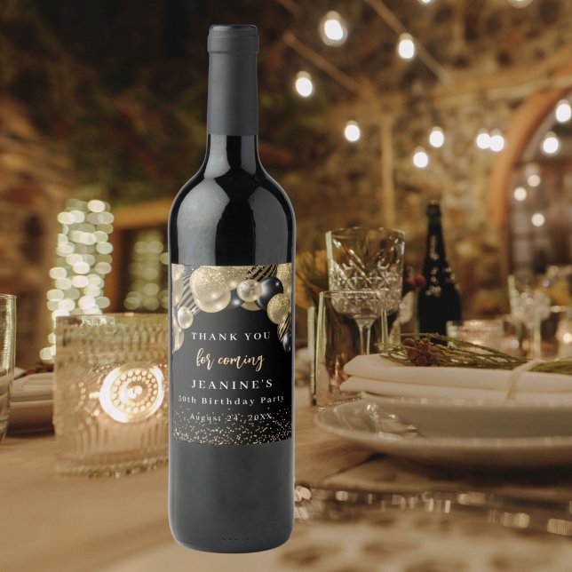 Rótulo De Garrafa De Cerveja Balões Negros Dourados Elegantes Obrigado (Elegant Gold Black Balloons Thank you Favor Wine Label)