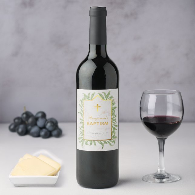 Rótulo De Garrafa De Cerveja Baptismo Vegetação Cruz Dourada Falsa Mármore Botâ (Criador carregado)