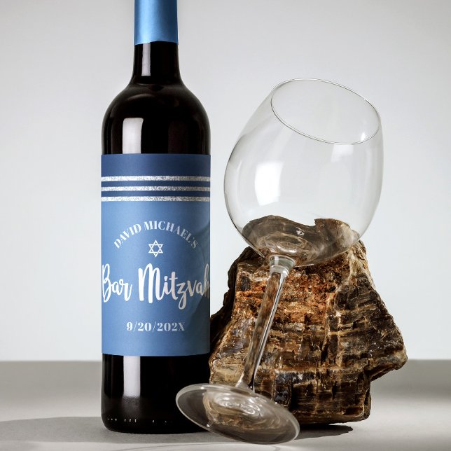 Rótulo De Garrafa De Cerveja Bar Mitzvah Moderno Tallit Azul Prata Script Negri (Criador carregado)