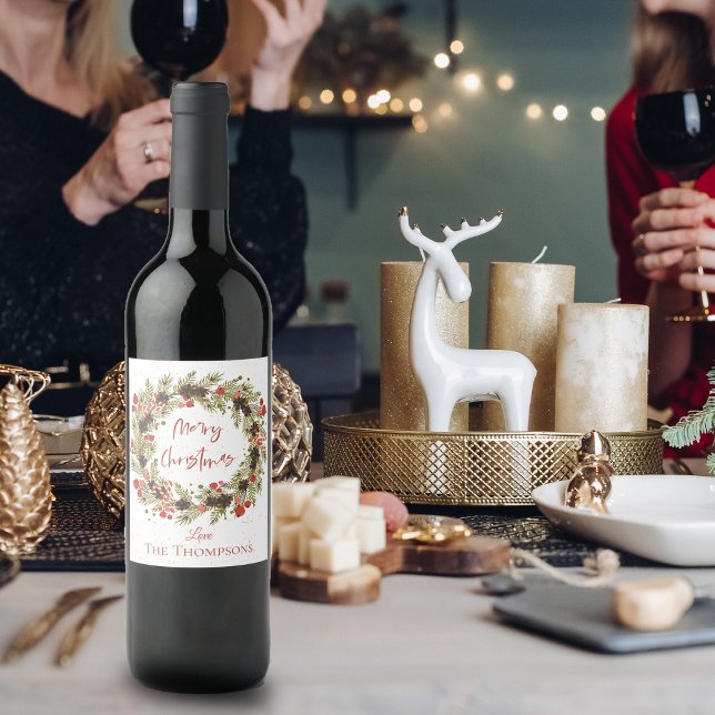 Rótulo De Garrafa De Cerveja Barragens de Berries Vermelhos, Cachorro, Feliz Na (Cute Watercolor Red Berries Wreath Merry Christmas Wine Label)