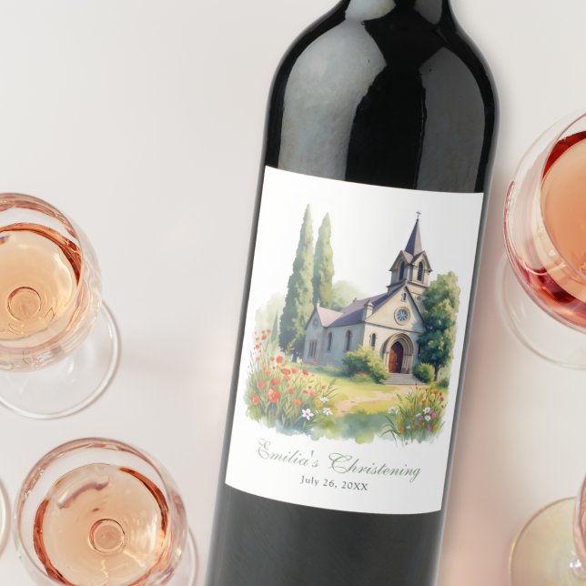 Rótulo De Garrafa De Cerveja Batismo da Igreja do Campo Aquarela (Watercolor Countryside Church Baptism Christening Wine Label)