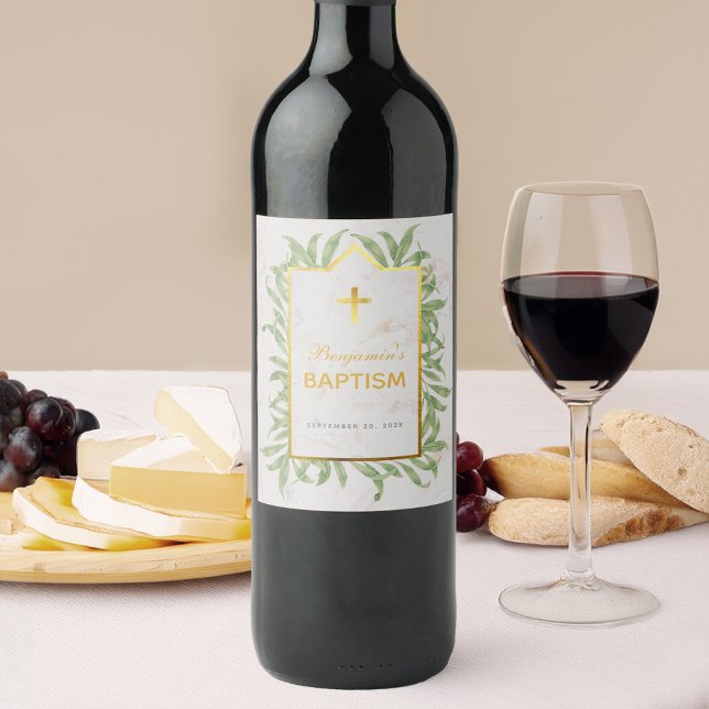 Rótulo De Garrafa De Cerveja Batismo Greenery Faux Dourado Cross Marble Botânic (Criador carregado)