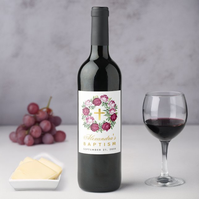 Rótulo De Garrafa De Cerveja Batismo Menina Rosa Burgundia Floral Wreath Faux D (Criador carregado)